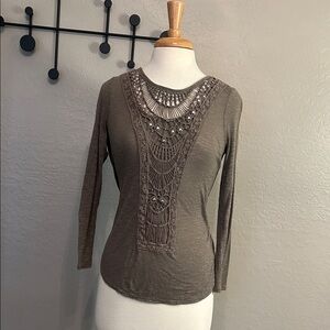 VENUS Olive Long Sleeve Top with Lace Accents